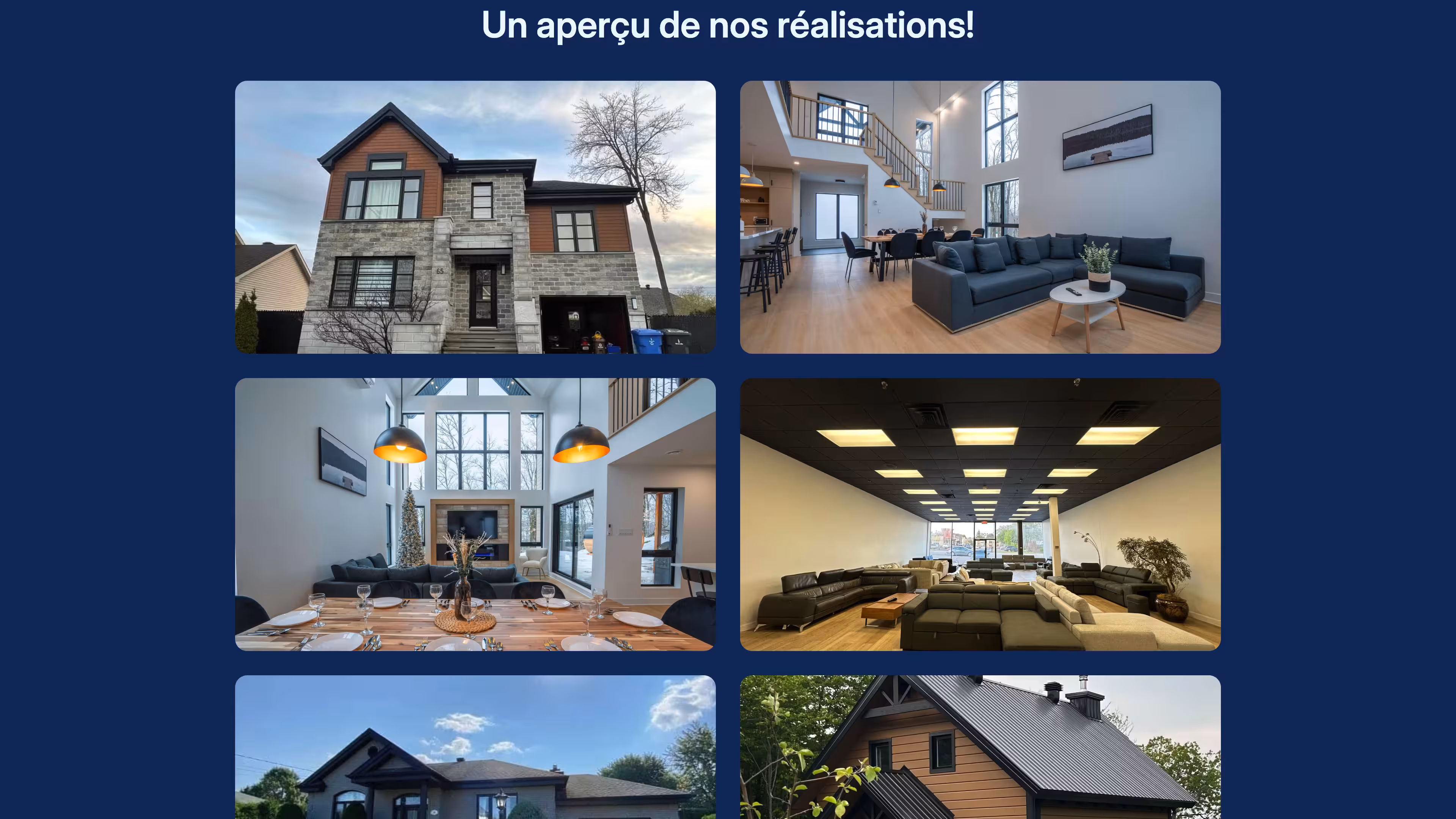 Collage of six images showing modern houses and stylish interior living spaces with dining and lounge areas.