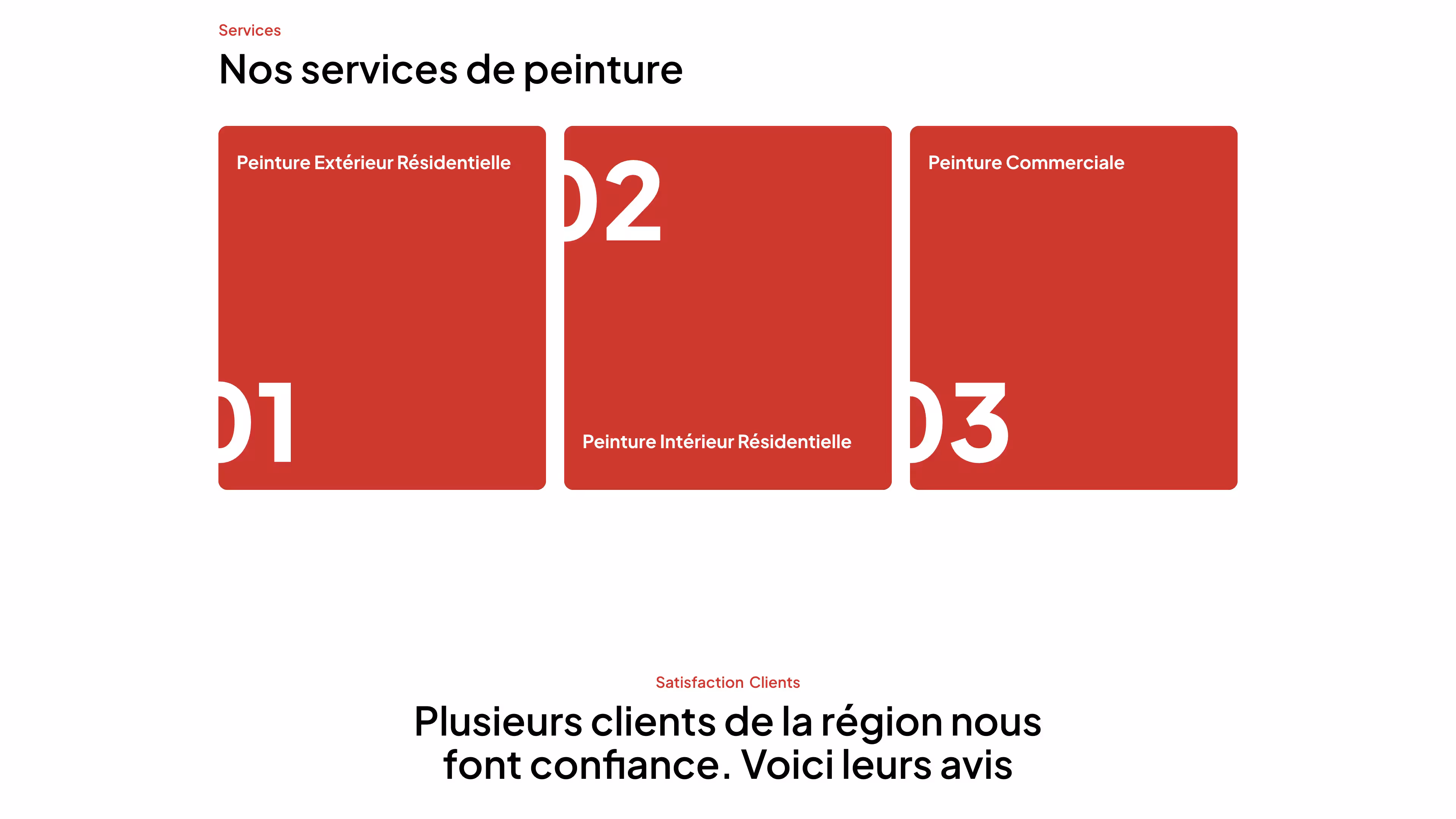 Three red blocks listing painting services: 01 Peinture Extérieur Résidentielle, 02 Peinture Intérieur Résidentielle, and 03 Peinture Commerciale.