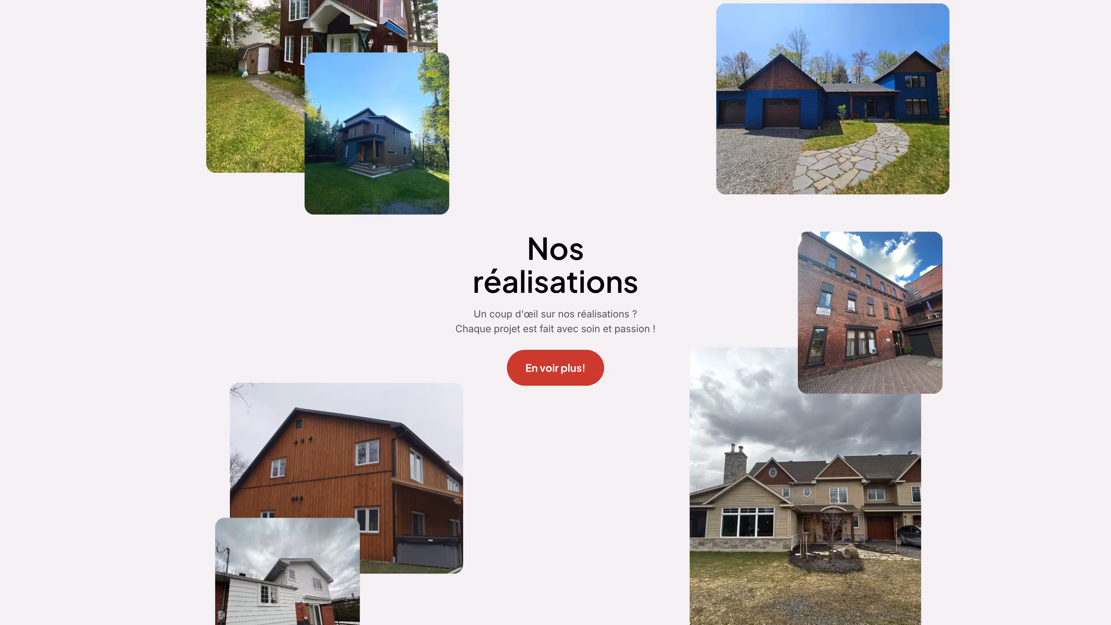 Collage of various residential houses with the French text 'Nos réalisations' and a red button labeled 'En voir plus!' in the center.