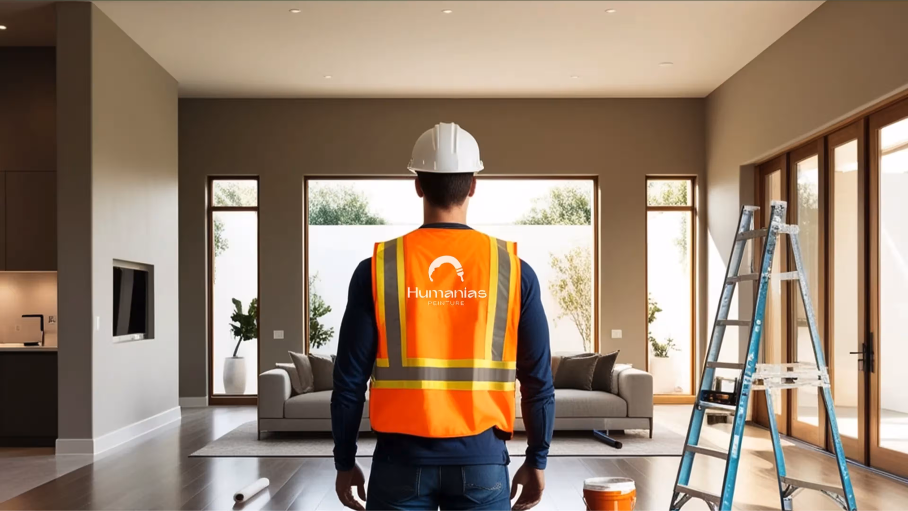 Painter wearing a white hard hat and orange safety vest with 'Humanias Peinture' logo, standing in a modern living room with ladder and paint supplies.