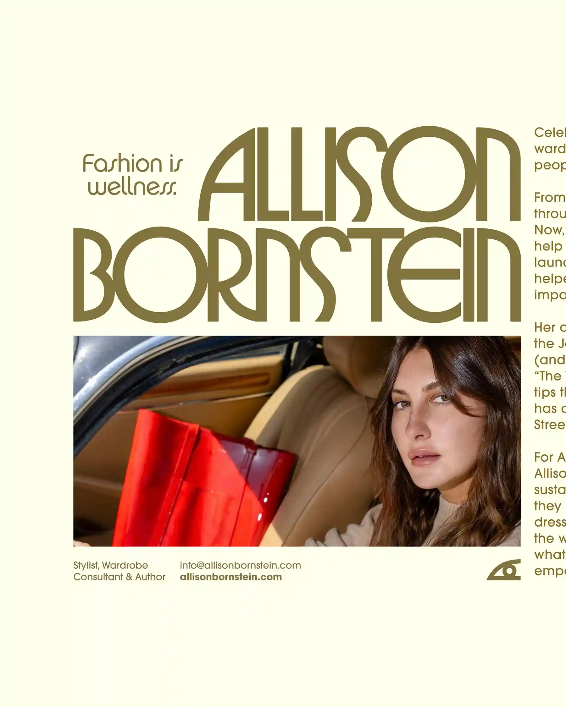 Allison Bornstein campaign poster with bold olive typography and photo of woman in car holding red tote bag