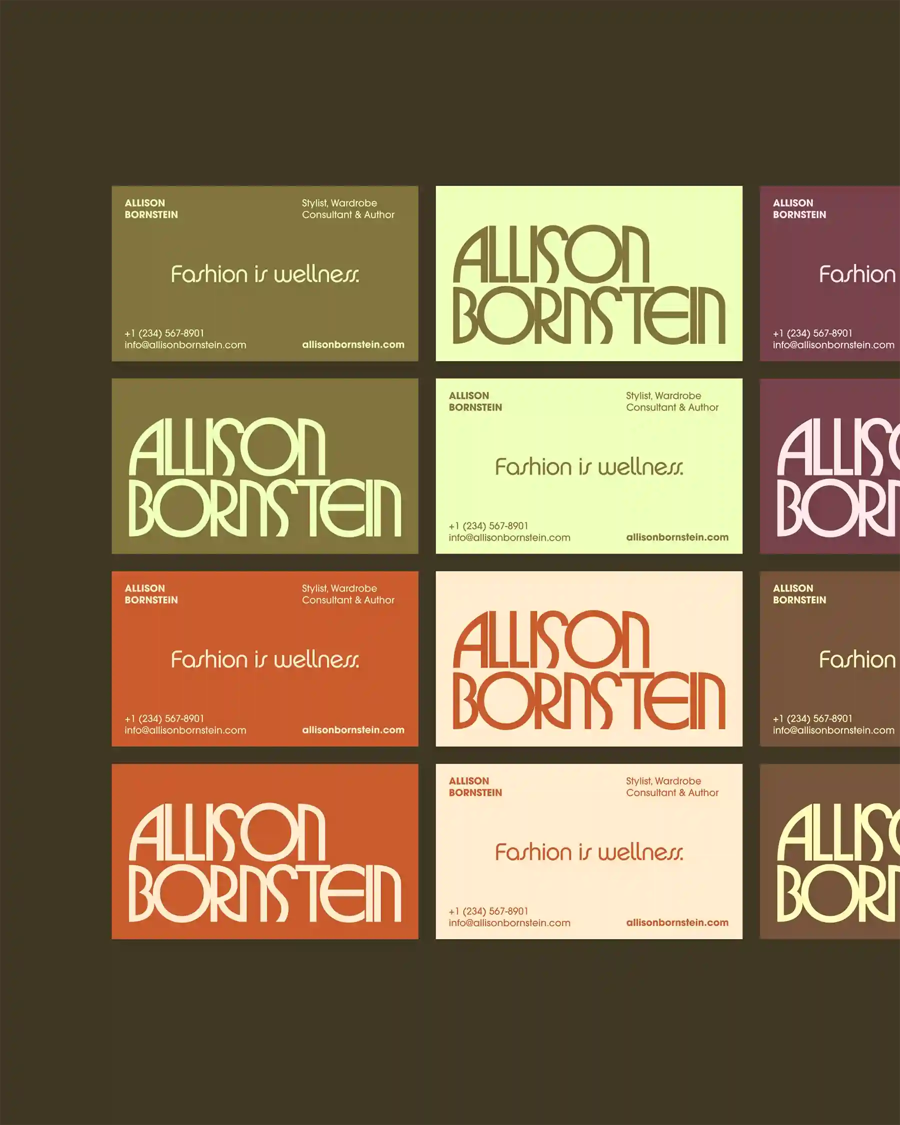 Grid of Allison Bornstein brand identity business cards in earthy color palette