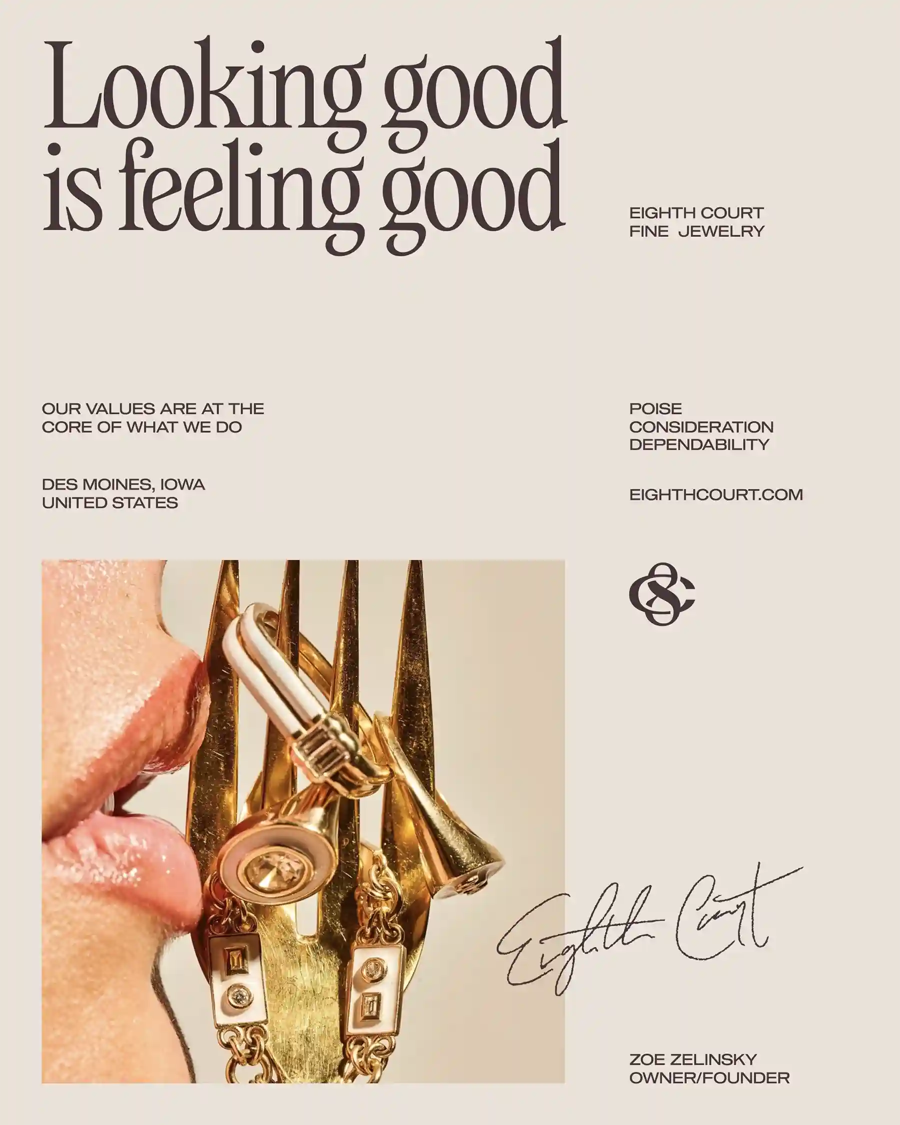 Minimalist poster with “Looking good is feeling good” typography and gold jewelry macro shot