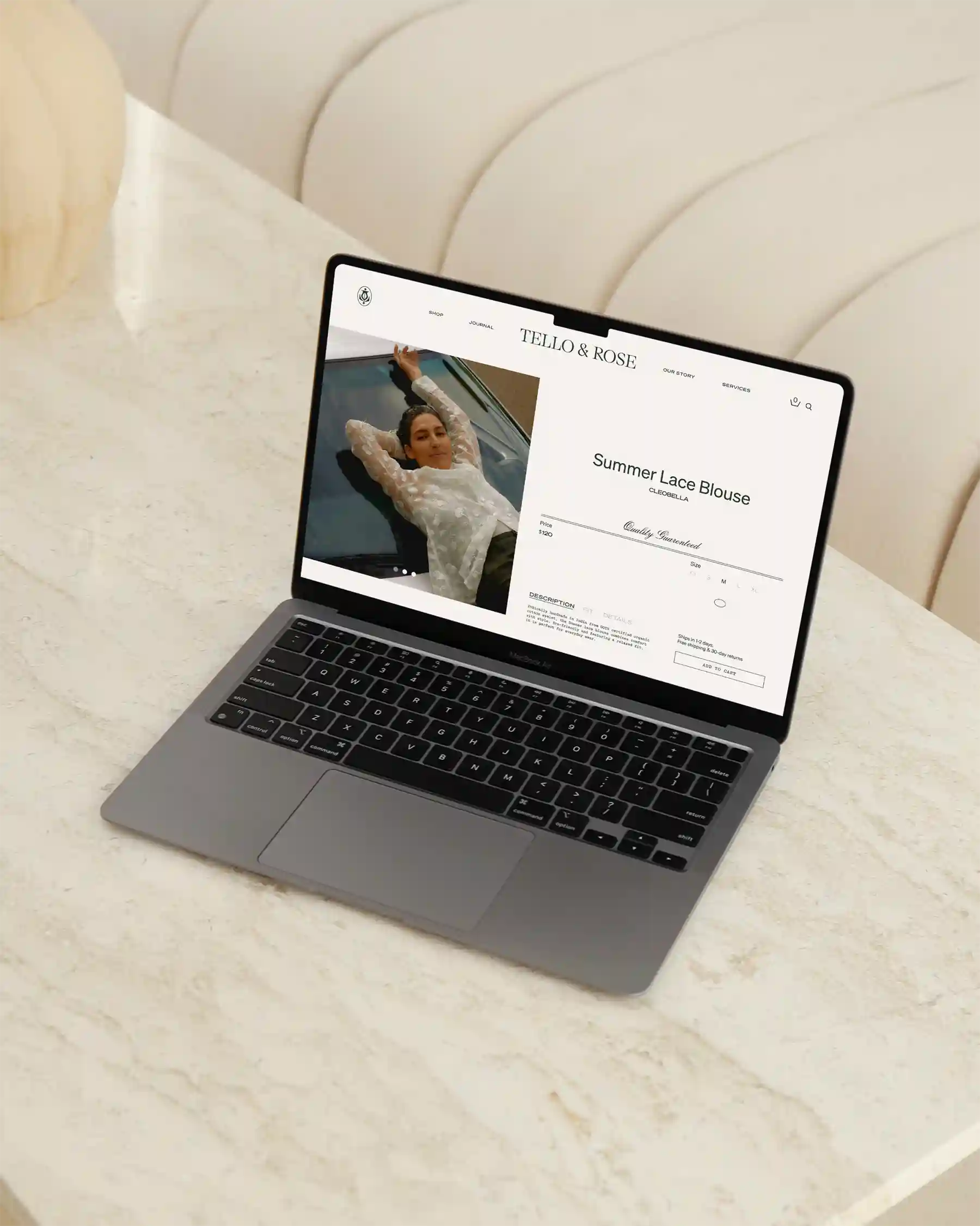 Laptop mockup showing Tello & Rose e-commerce website with product page for summer lace blouse