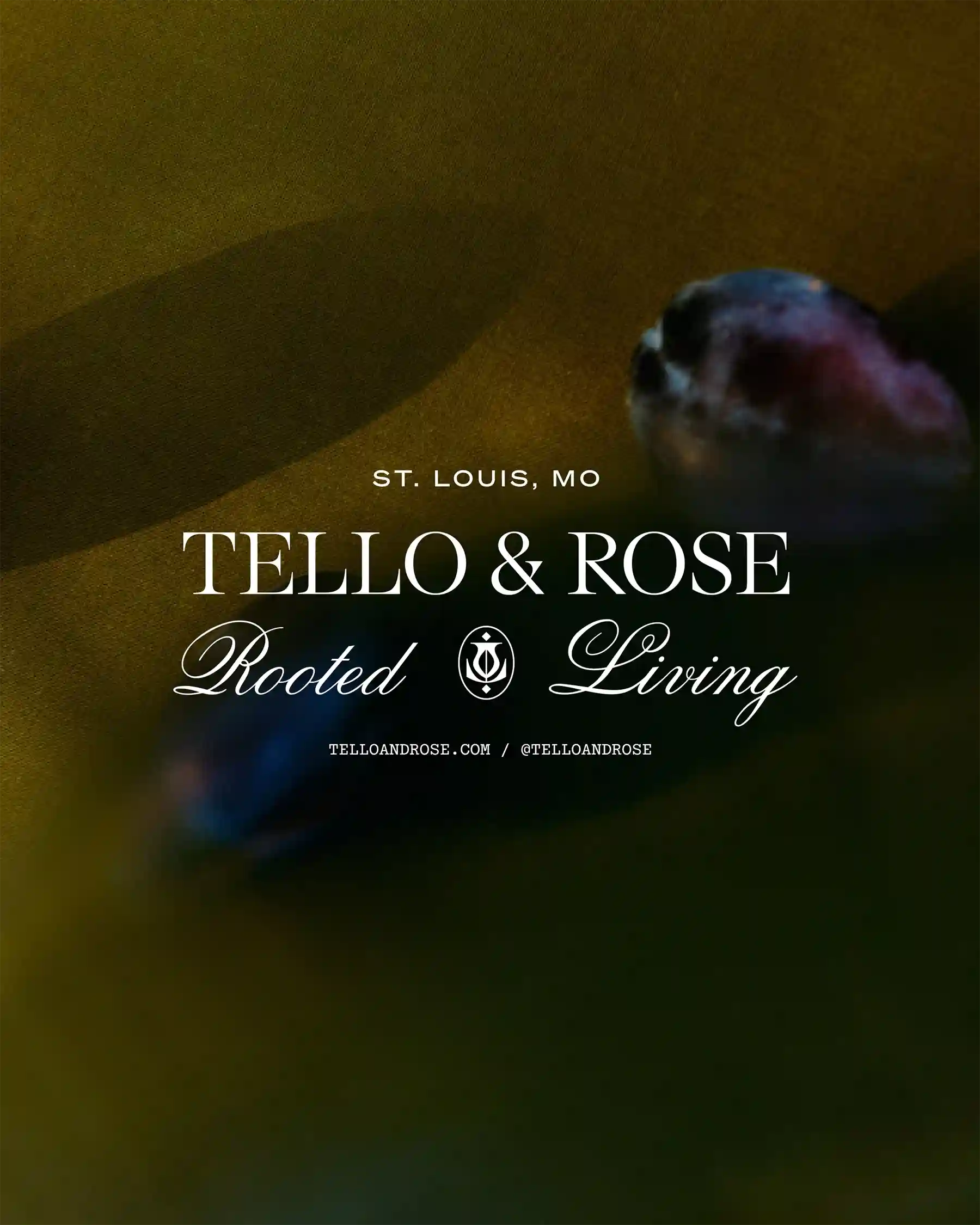 Tello & Rose brand title slide with botanical background and text “Rooted Living”