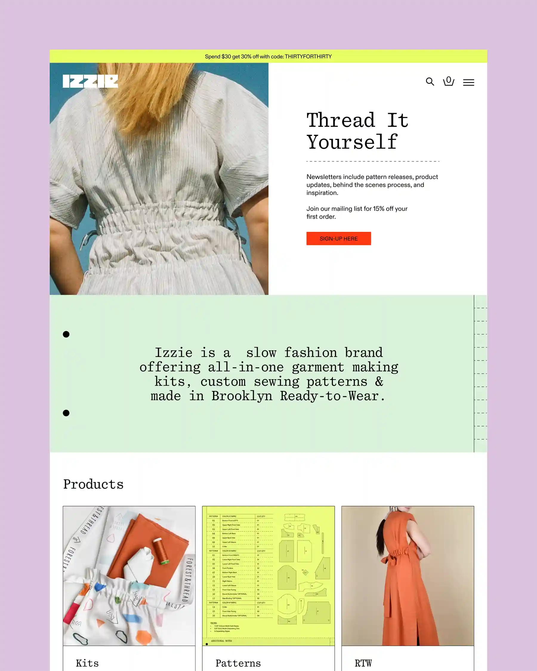 Izzie e-commerce website home page mockup with hero image of back-tied dress