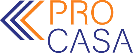 Logotipo de Pro Casa con flechas estilizadas y texto en colores naranja y azul.