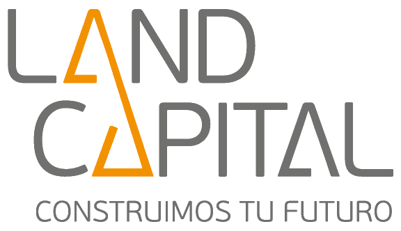 Logotipo de Land Capital con texto Construimos tu futuro, con diseño geométrico en letras A.