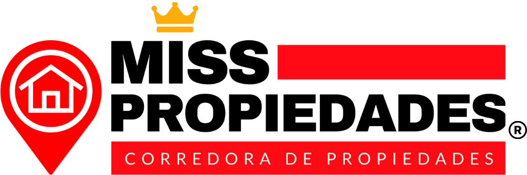 Logo de Miss Propiedades, corredora de propiedades, con un ícono rojo de ubicación y una corona naranja sobre el nombre.