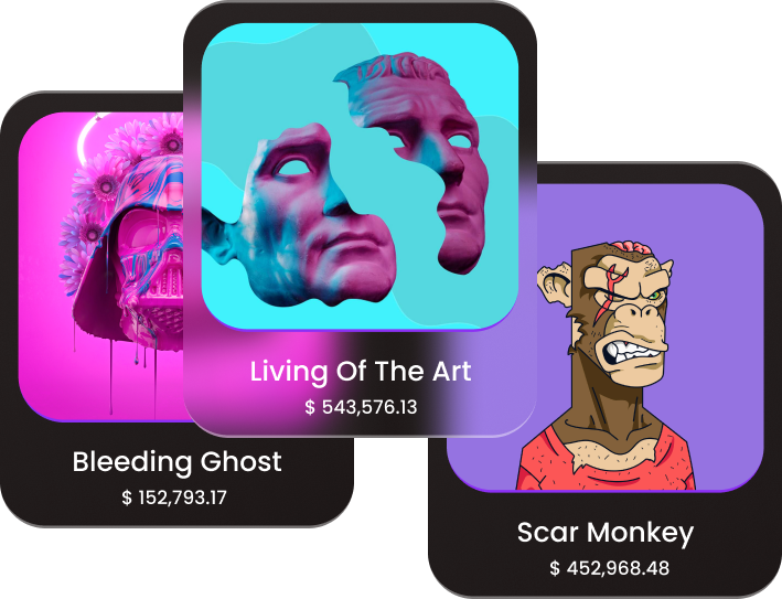 Three NFT art cards titled Bleeding Ghost, Living Of The Art, and Scar Monkey with prices $152,793.17, $543,576.13, and $452,968.48 respectively; central card features two purple classical bust faces on a blue background.