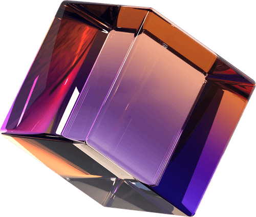 Glossy 3D cube with gradient colors transitioning from purple to orange.