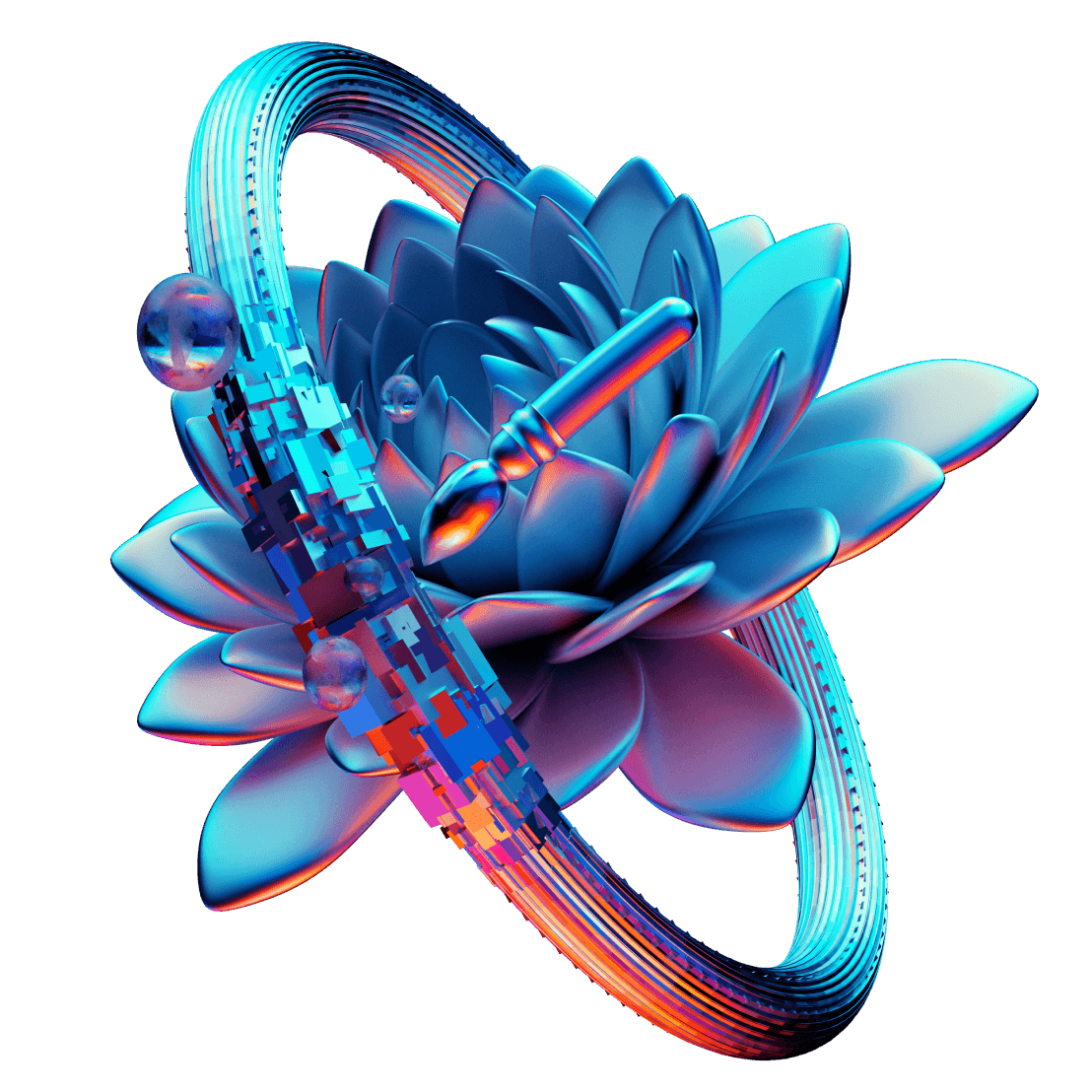 Digital 3D rendering of a metallic blue lotus flower surrounded by a futuristic, pixelated ring and floating glass spheres.