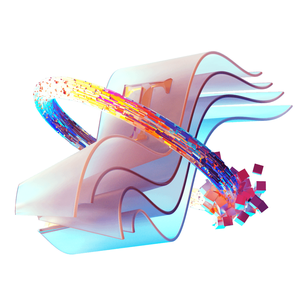 Abstract 3D illustration of layered translucent sheets with a colorful pixelated ribbon looping through them.