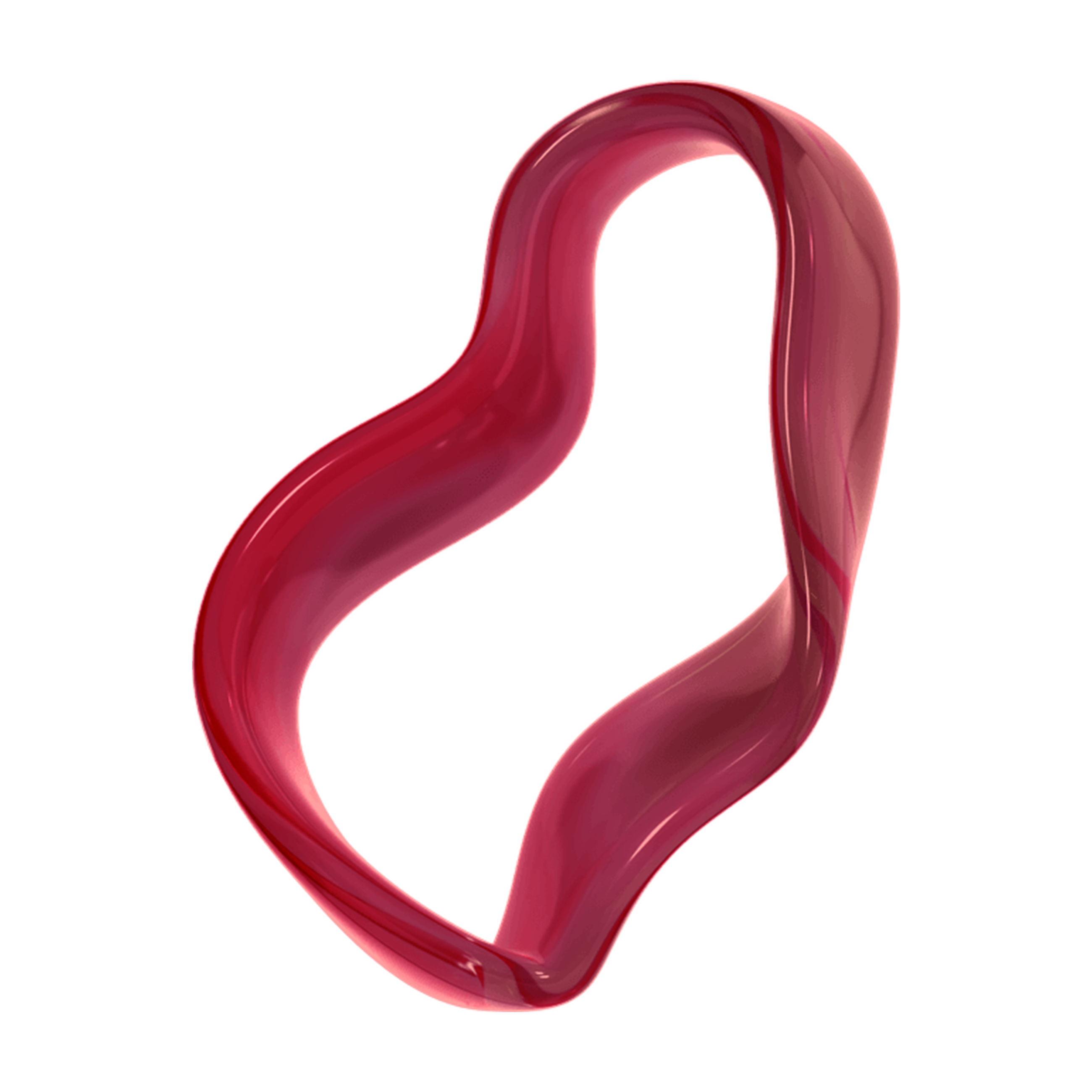 Glossy, translucent red ribbon twisted into an abstract, flowing shape.
