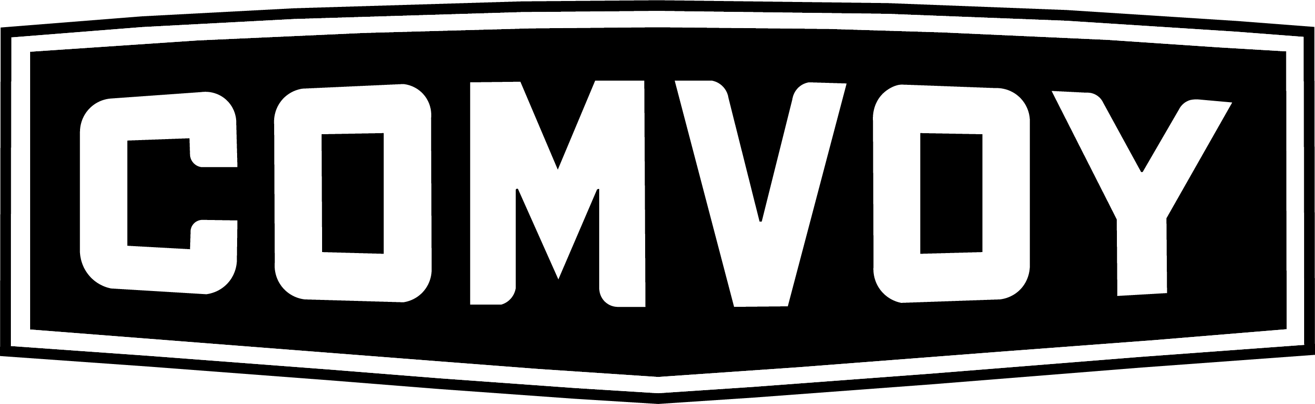 Black rectangular badge with the word COMVOY in bold white letters inside.