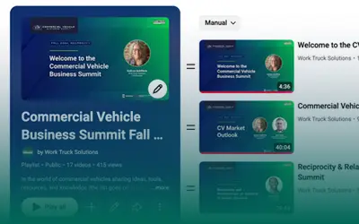 Screenshot of a video playlist titled 'Fall 2024 Commercial Vehicle Business Summit' by Work Truck Solutions showing video thumbnails and playback interface.