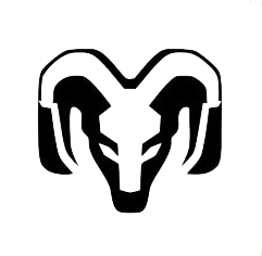 RAM brand logo with curved horns in black and white.