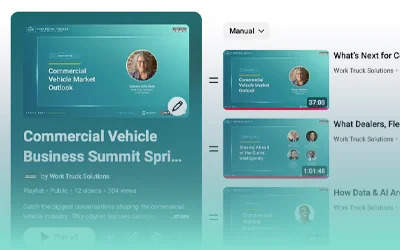 YouTube playlist page showing 'Commercial Vehicle Business Summit Fall' by Work Truck Solutions with video thumbnails of speakers and titles like CV Market Outlook and The Road Ahead.
