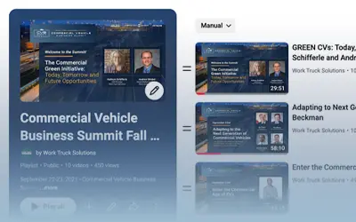 Screenshot of a digital playlist titled 'Commercial Vehicle Business Summit Fall' featuring videos on CV market outlook, pathway to sustainable growth, and growth hot spots.