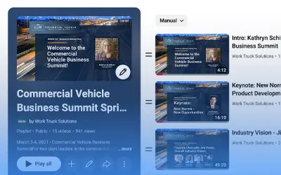 Screenshot of a digital playlist titled 'Commercial Vehicle Business Summit Fall' featuring videos on CV market outlook, pathway to sustainable growth, and growth hot spots.