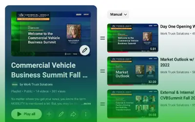 Screenshot of a digital playlist titled 'Commercial Vehicle Business Summit Fall' featuring videos on CV market outlook, pathway to sustainable growth, and growth hot spots.