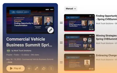 Screenshot of a digital playlist titled 'Commercial Vehicle Business Summit Fall' featuring videos on CV market outlook, pathway to sustainable growth, and growth hot spots.