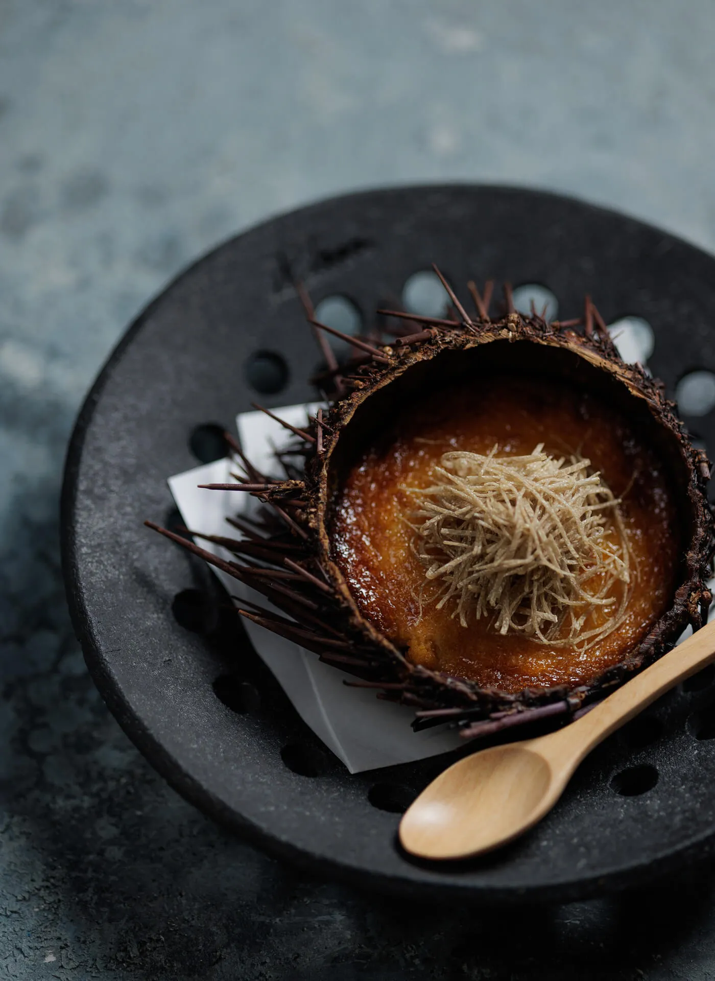 Roasted Uni Custard In half shell with truffle