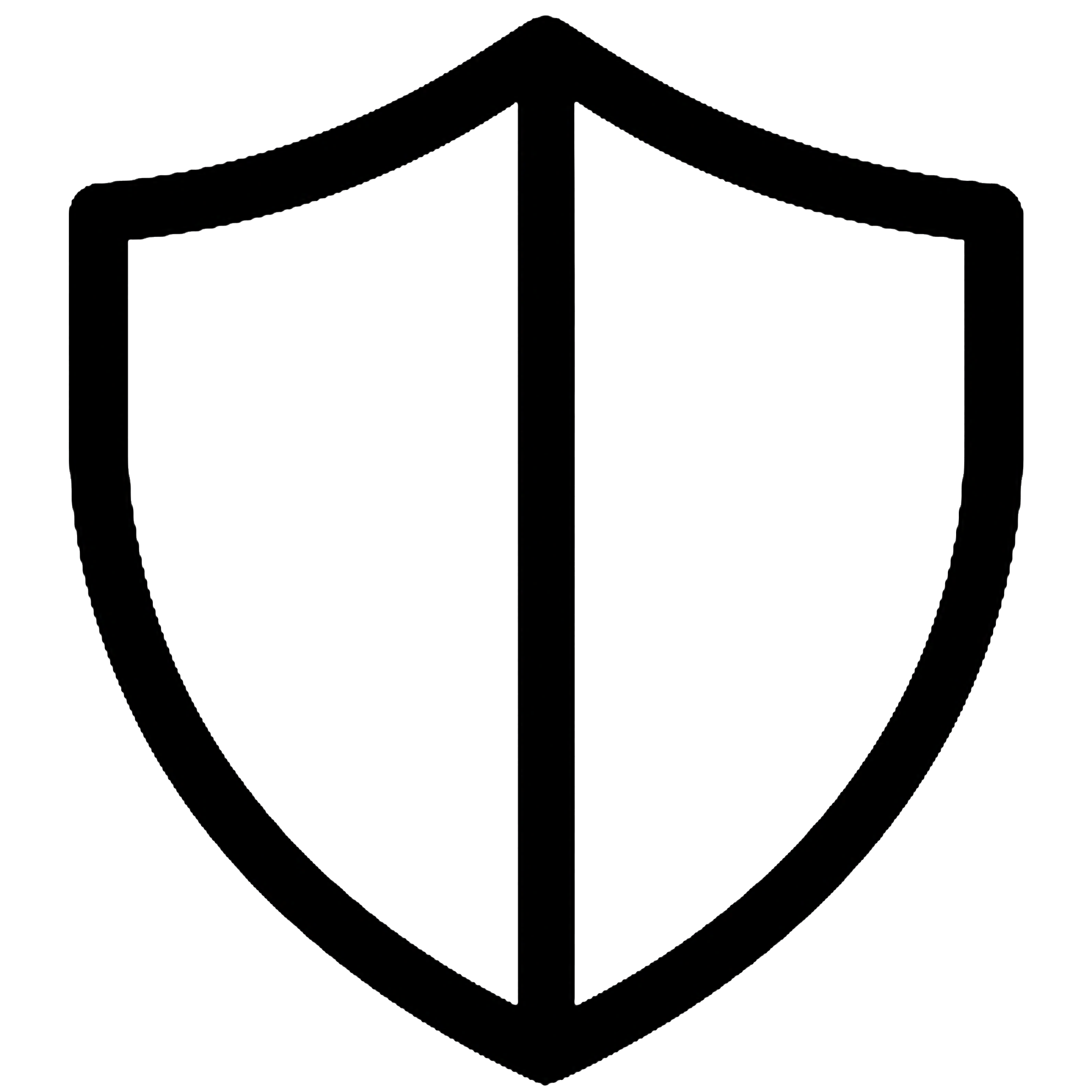 Black outline of a shield divided vertically in the center on a white background.