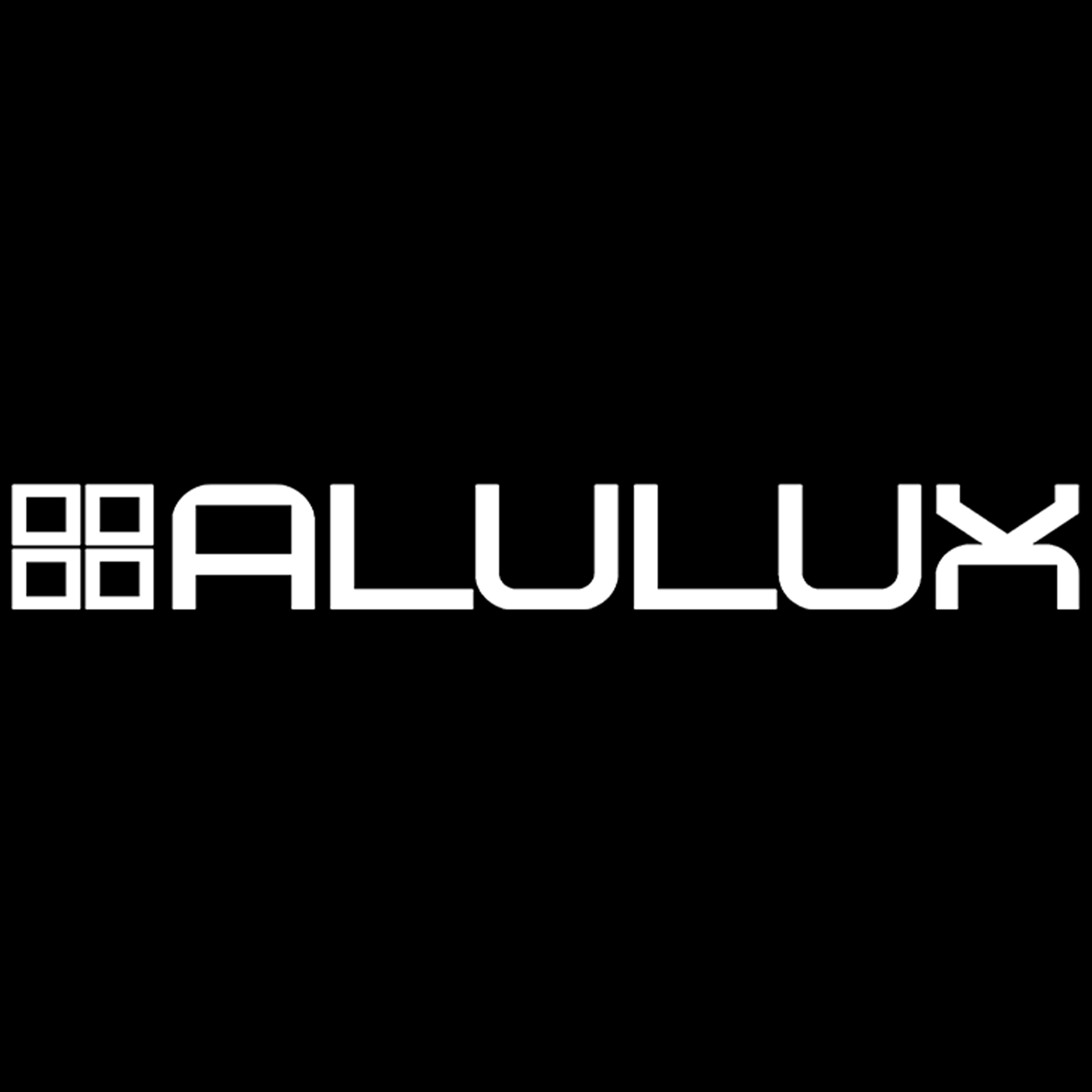 ALULUX brand logo with stylized white letters and a four-square window icon on black background.