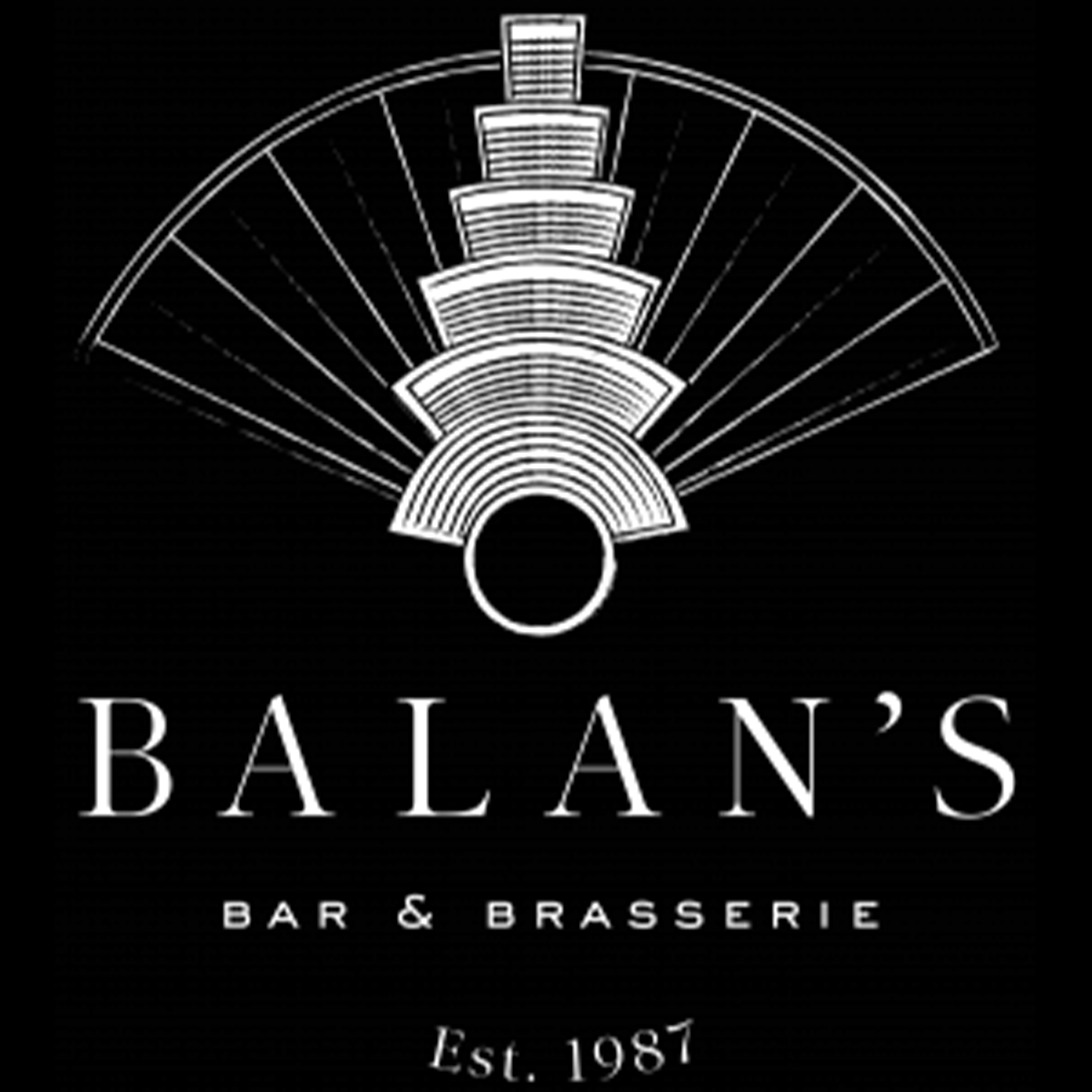Balan's Bar & Brasserie logo with geometric fan design and establishment year 1987.