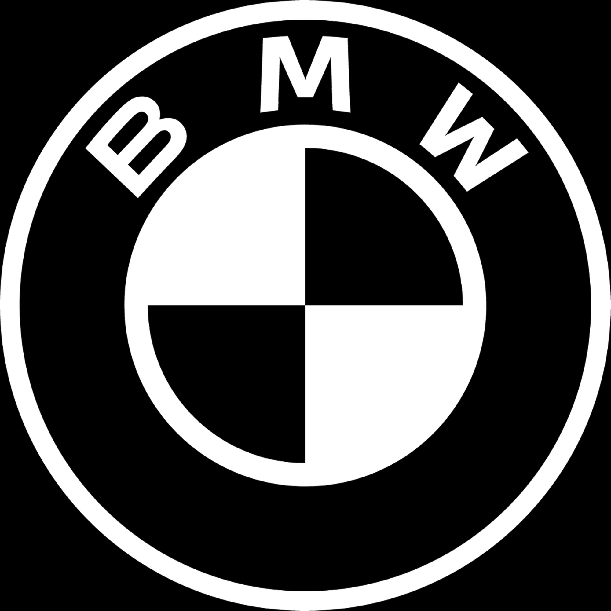 BMW logo with black outer circle featuring white letters B, M, W and a black and white quadrants pattern in the inner circle.