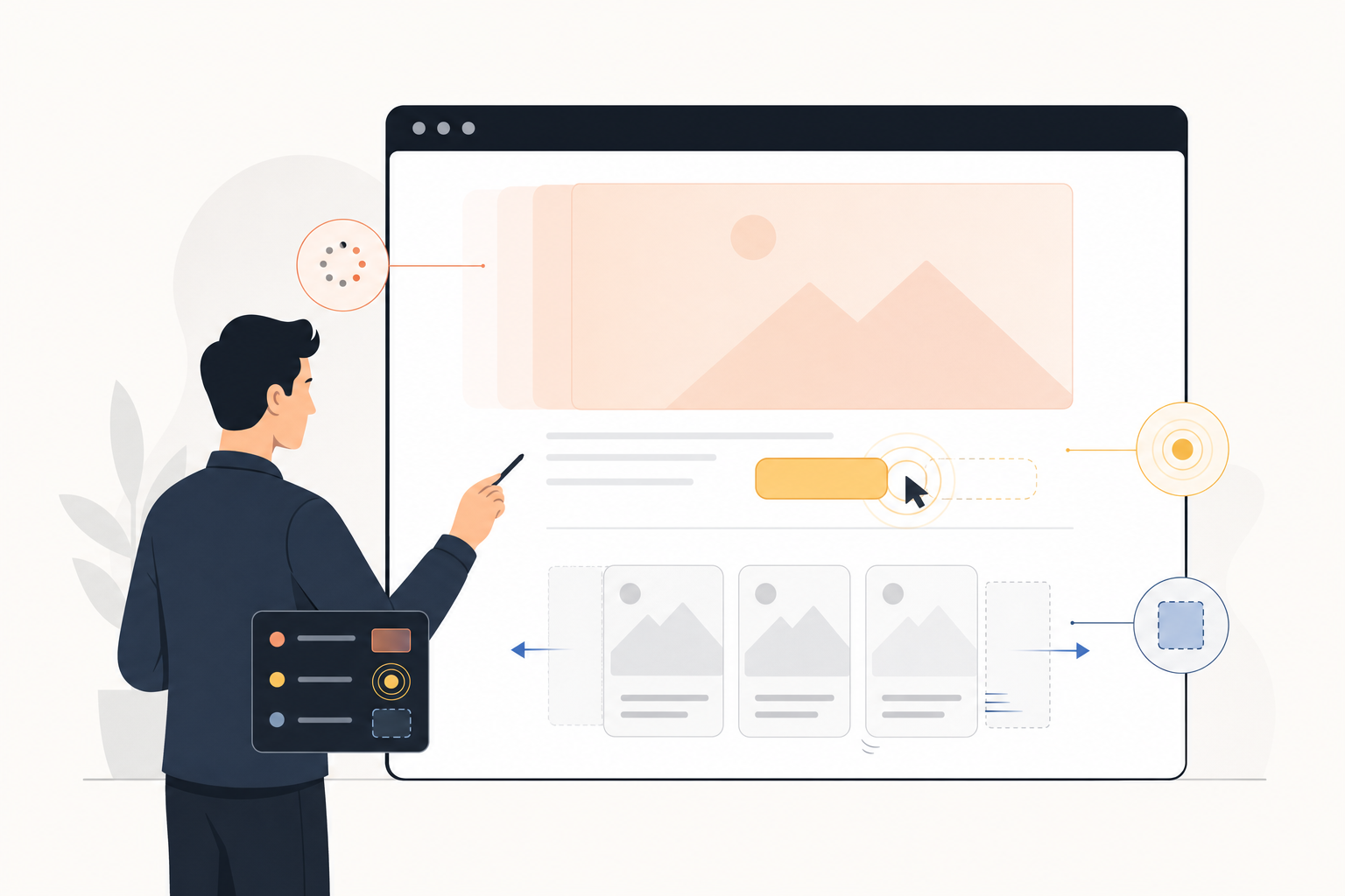 Flache Vektorillustration einer Person, die in einem Website-Browser verzögertes Hero-Content, eine verspätete Button-Reaktion und verschobene Inhaltskarten analysiert.