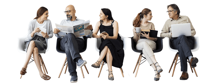 Five diverse adults seated in a row on modern chairs, engaging with devices and each other, including a tablet, newspaper, smartphone, coffee cup, and laptop.