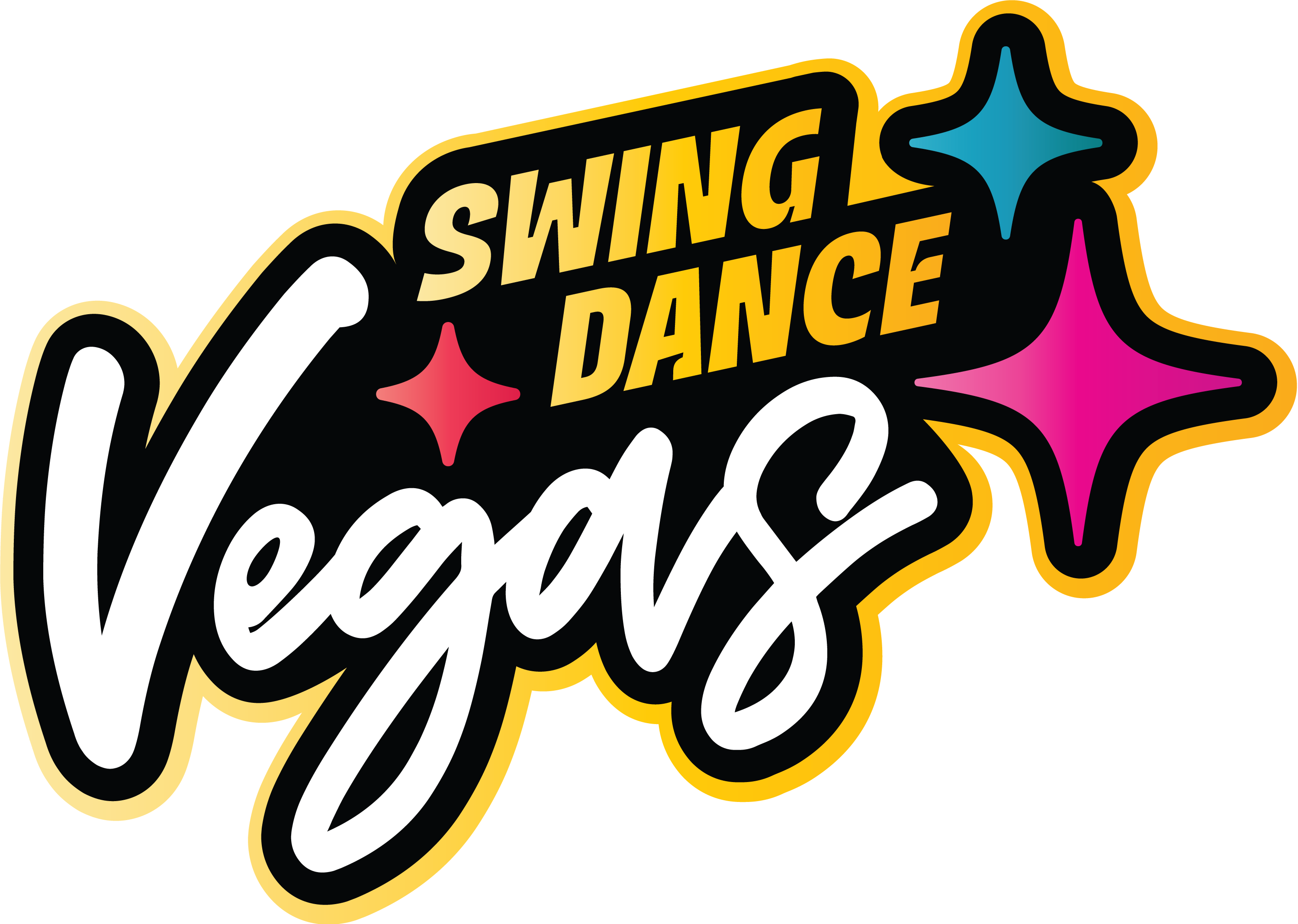 Swing Dance Vegas logo, "Swing Dance" in yellow bold sans-serif font, "Vegas" in a hand-written cursive lettering in white, paired with red, blue and fuchsia stardust icons reminiscent of iconic Vegas Stardust hotels.