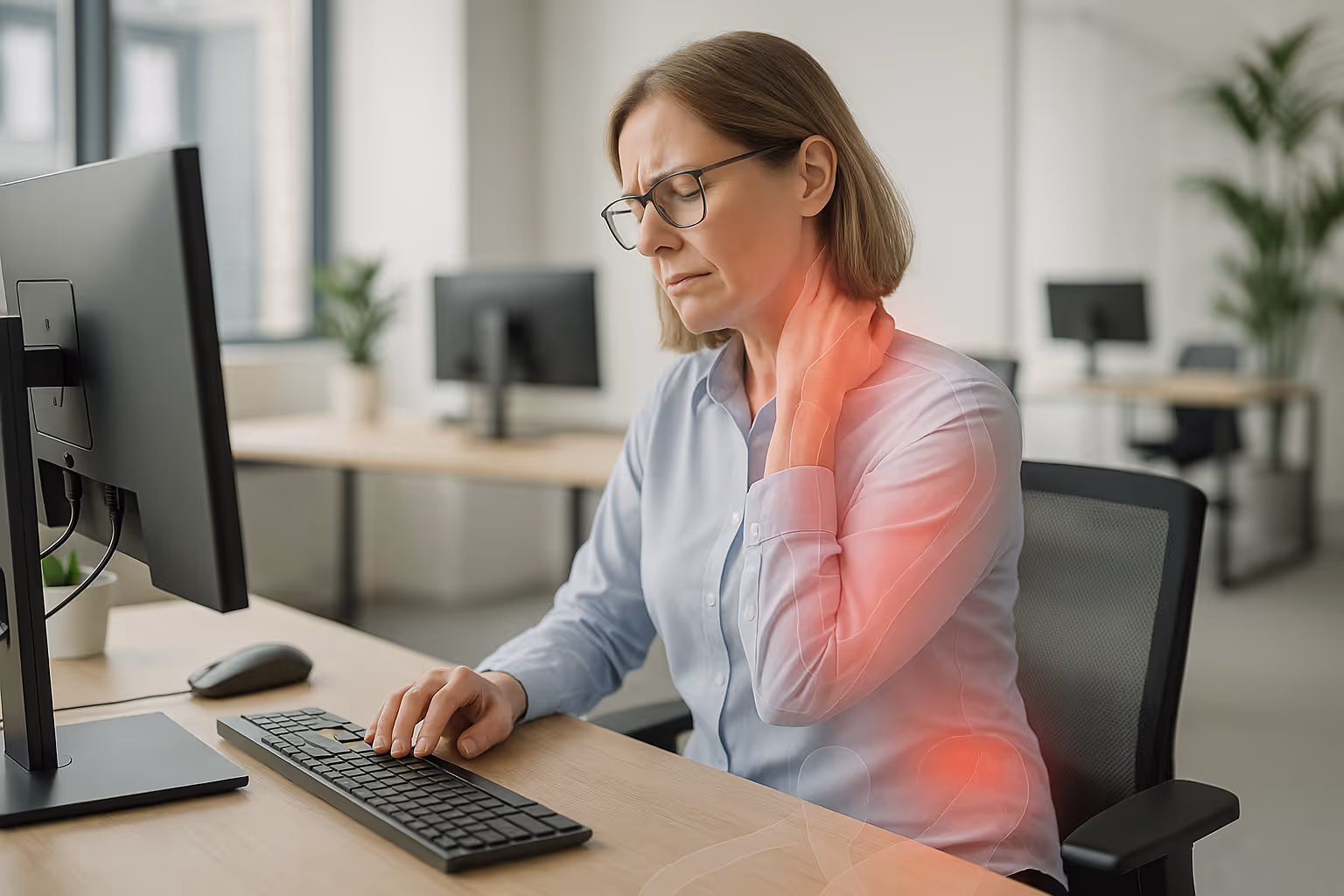 Woman sitting at an office desk with hand on her neck, experiencing neck and shoulder pain from prolonged computer work