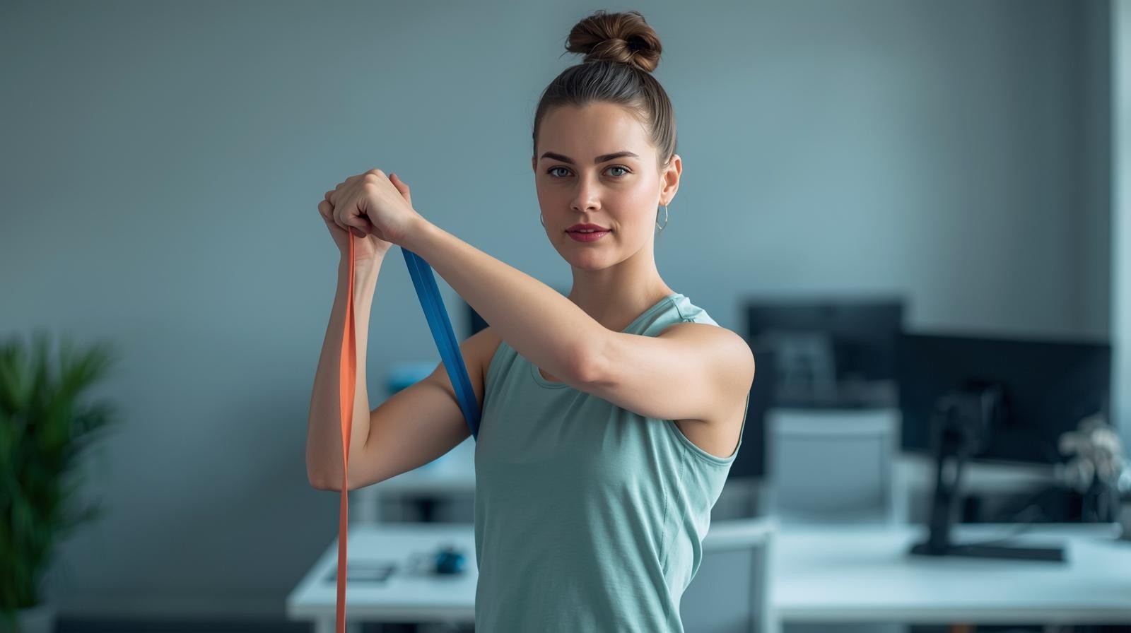Person standing in a modern office, taking a 5-minute movement break using a resistance band, with desks and office equipment blurred in the background