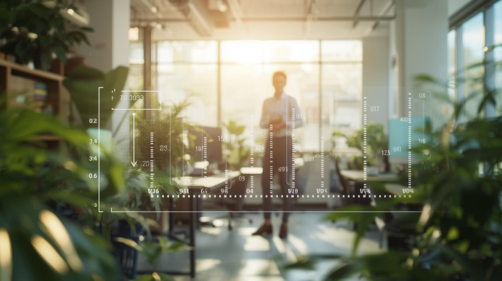 Bright modern office with a person standing among plants, symbolizing the long-term health benefits and improved well-being from regular workplace movement breaks.