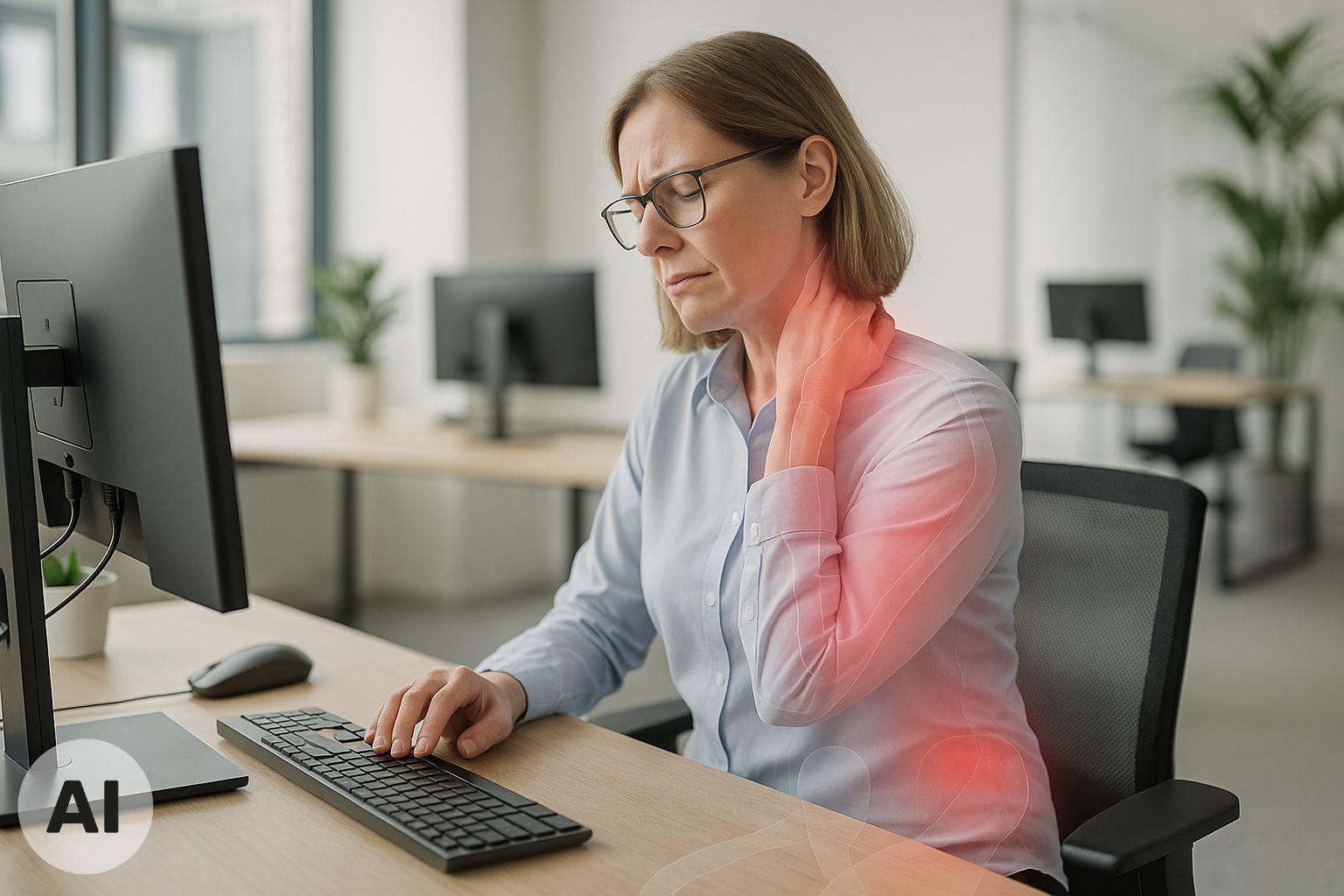 Woman sitting at an office desk with hand on her neck, experiencing neck and shoulder pain from prolonged computer work. AI generated image.