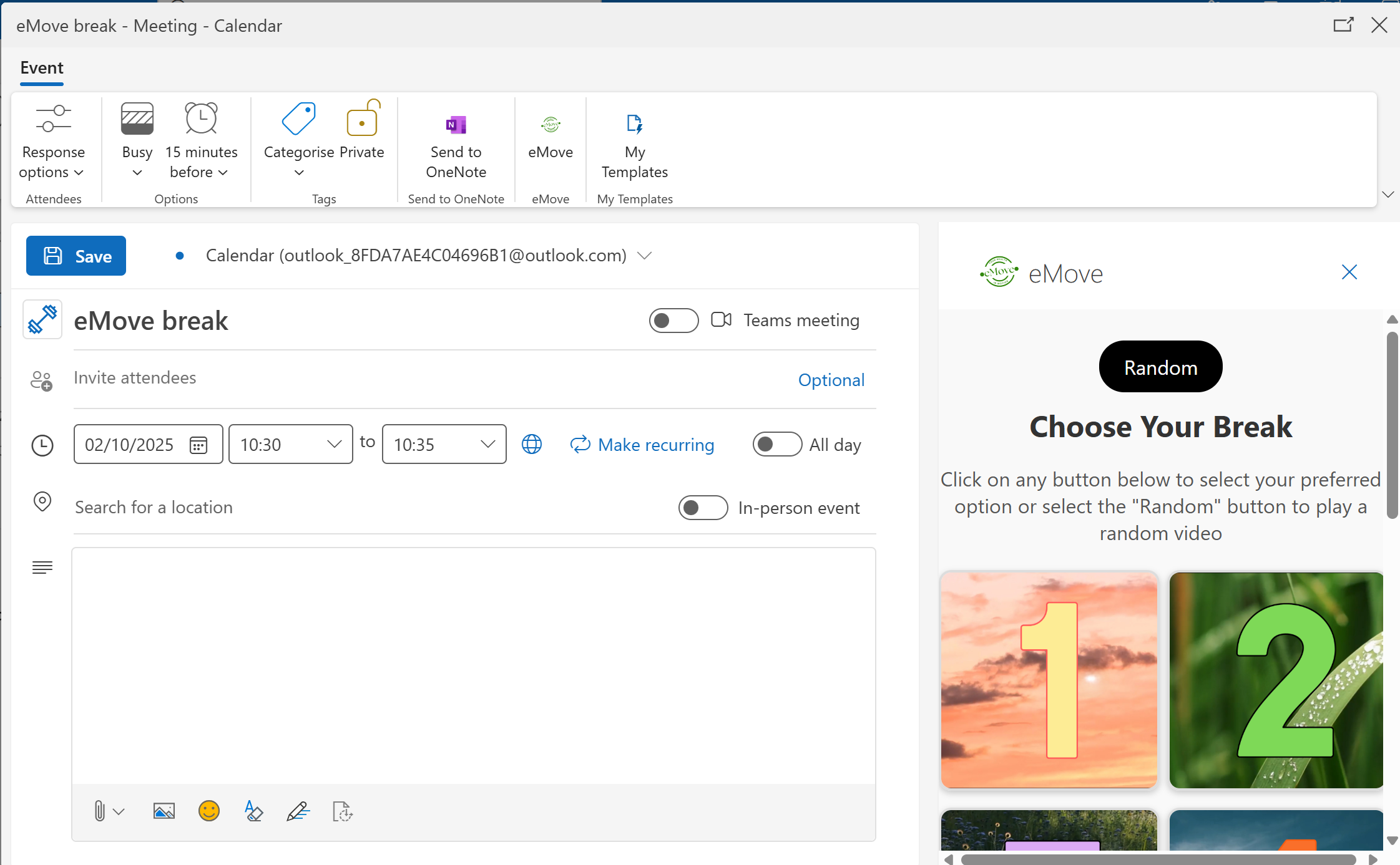 Screenshot of Microsoft Outlook Calendar with the eMove add-in for scheduling 5-minute movement breaks, showing the event creation window and ‘Choose Your Break’ panel.