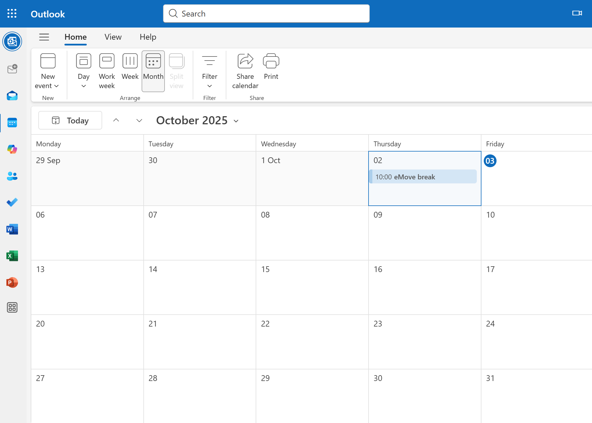 Word cloud highlighting key eMove themes such as movement, work, office, Outlook integration, companies, wellness, regular breaks, and reducing sedentary time — emphasizing workplace health, productivity, and daily movement.