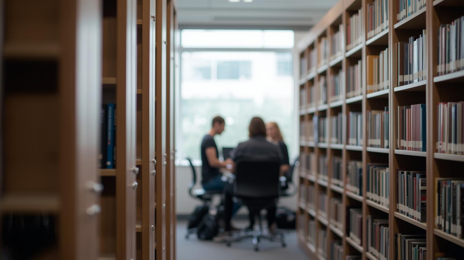 Group of university students studying together at a table in a library, surrounded by bookshelves