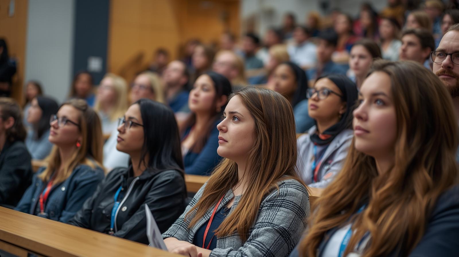 “A group of university students attentively listening to a lecture in a large classroom setting.