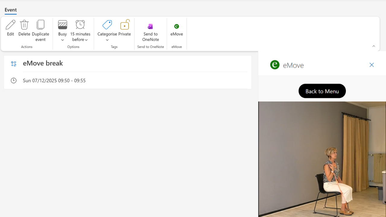 Word cloud highlighting key eMove themes such as movement, work, office, Outlook integration, companies, wellness, regular breaks, and reducing sedentary time — emphasizing workplace health, productivity, and daily movement.