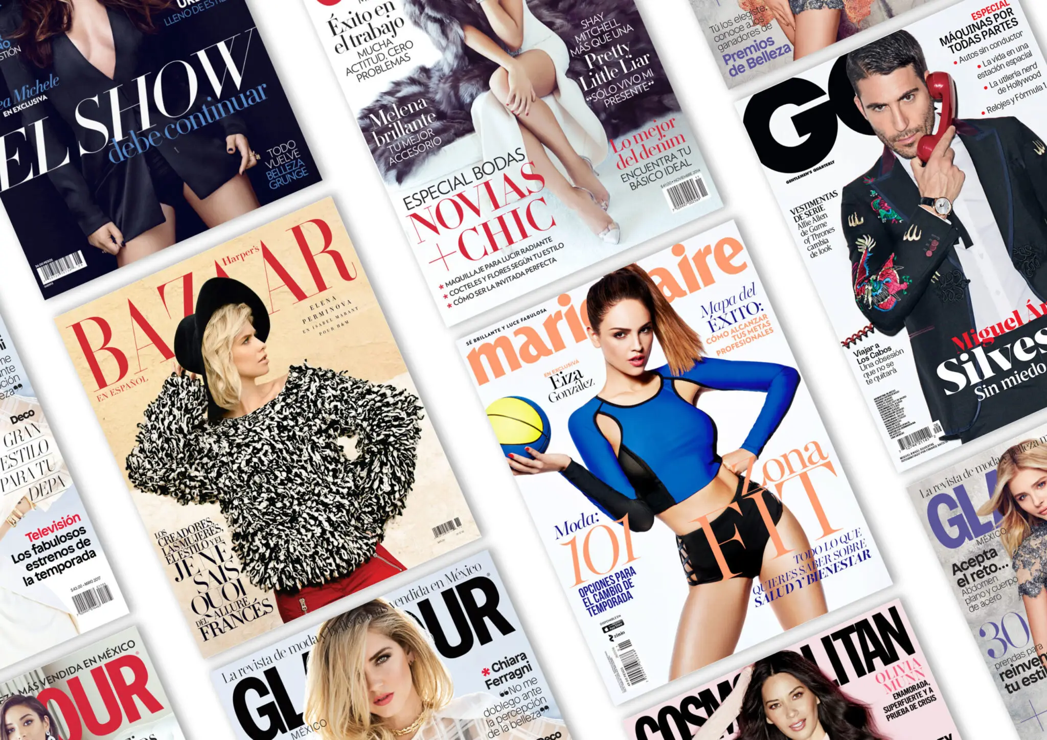 Collage of various fashion magazine covers featuring models in stylish poses and trendy outfits.