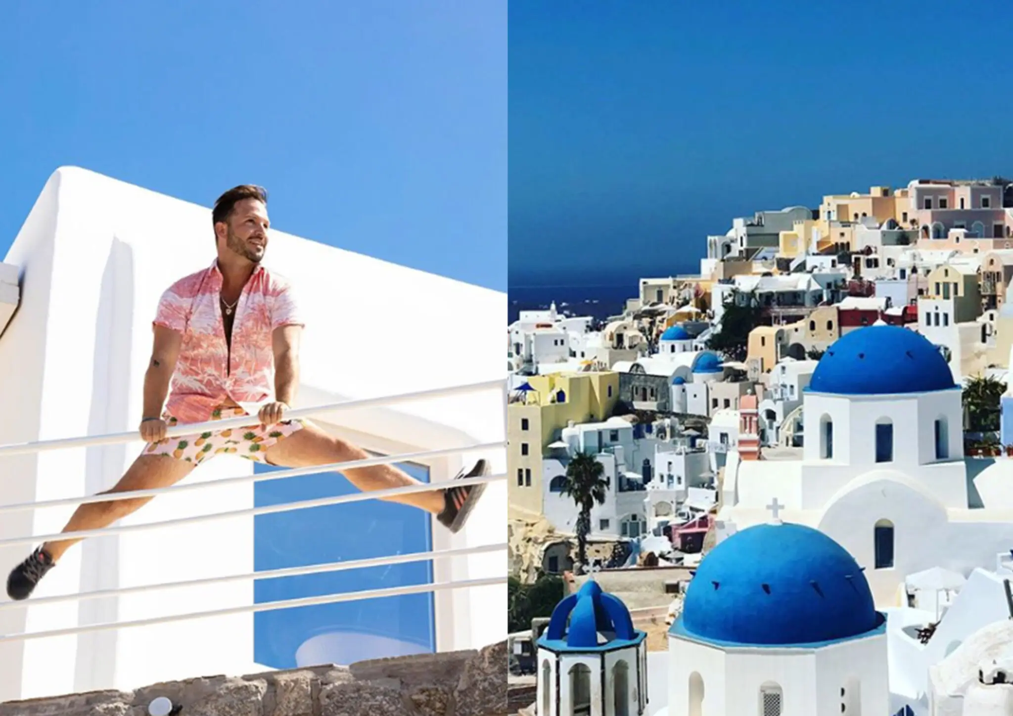 Frankie Batista in colorful summer clothes doing a split jump on a white balcony with a blue sky, next to a scenic view of white buildings with blue domes in a coastal town.
