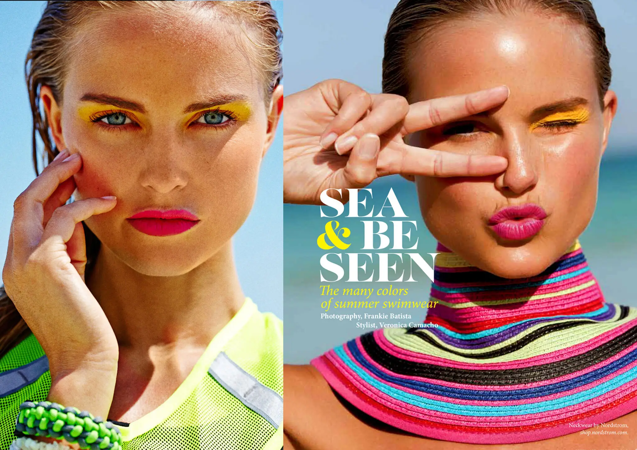 Close-up of a woman with bright yellow eyeshadow and pink lipstick wearing neon yellow mesh and colorful striped neckwear by the sea.