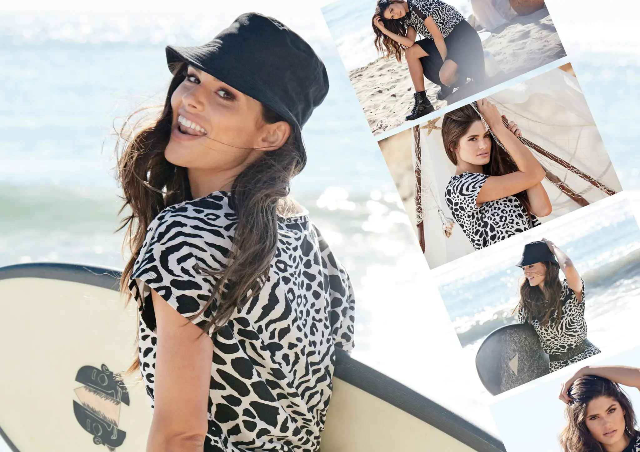 Woman in black hat and animal print shirt holding a surfboard at the beach, with smaller photos of her in similar outfits nearby.