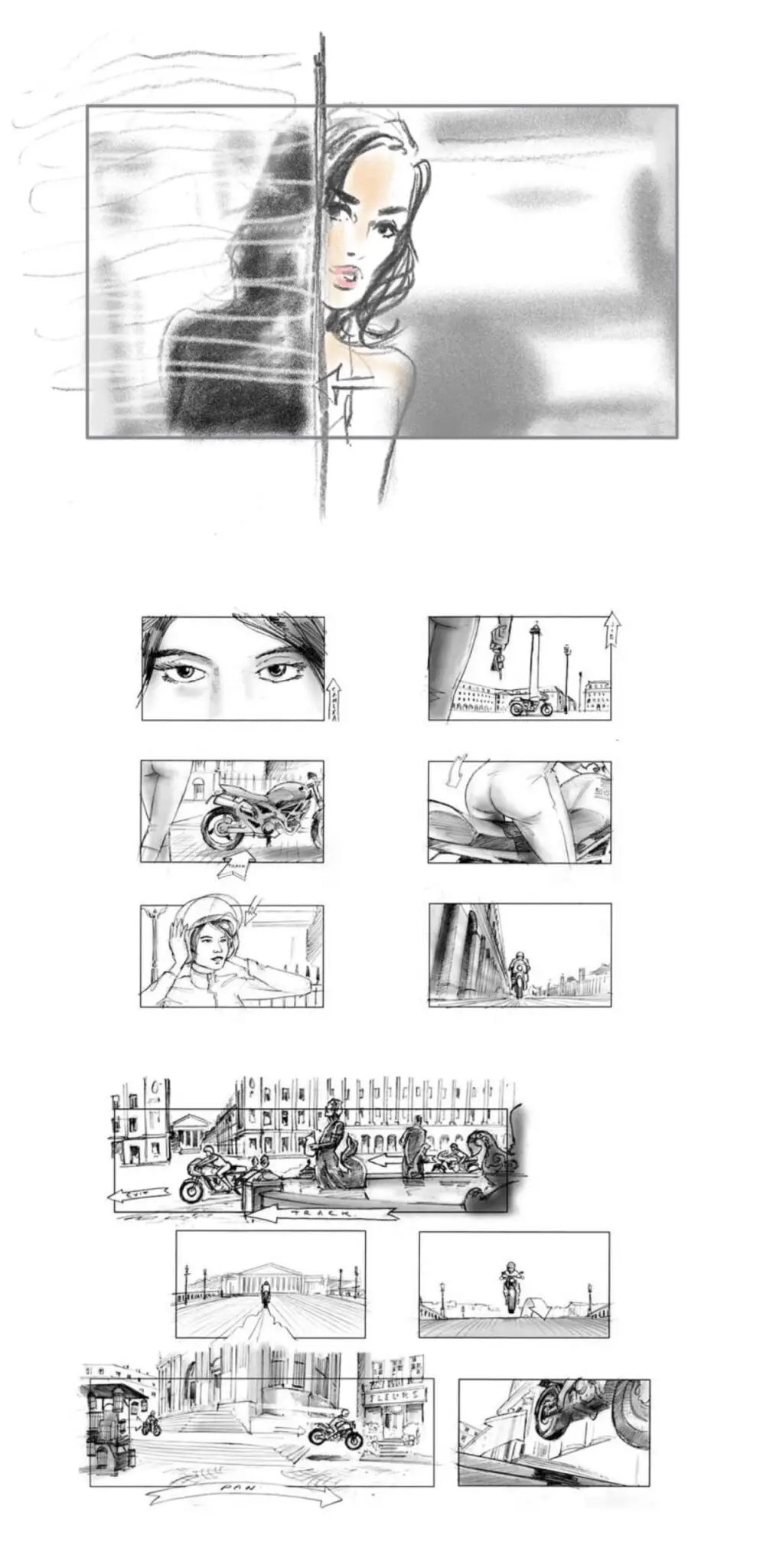 Storyboard sketch featuring a woman peeking from behind a curtain, close-ups of eyes, legs, and a motorcycle, a person putting on a helmet, motorcycle rider in different urban scenes, and a motorcycle jumping off a ramp.