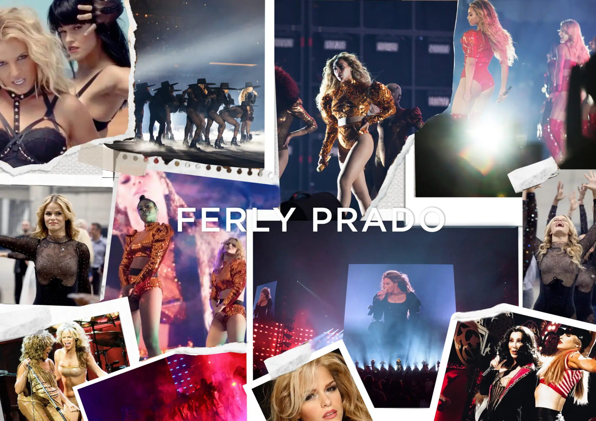 Collage of Ferly Prado and singers performing on stage in various costumes with the text 'Ferly Prado' in the center.