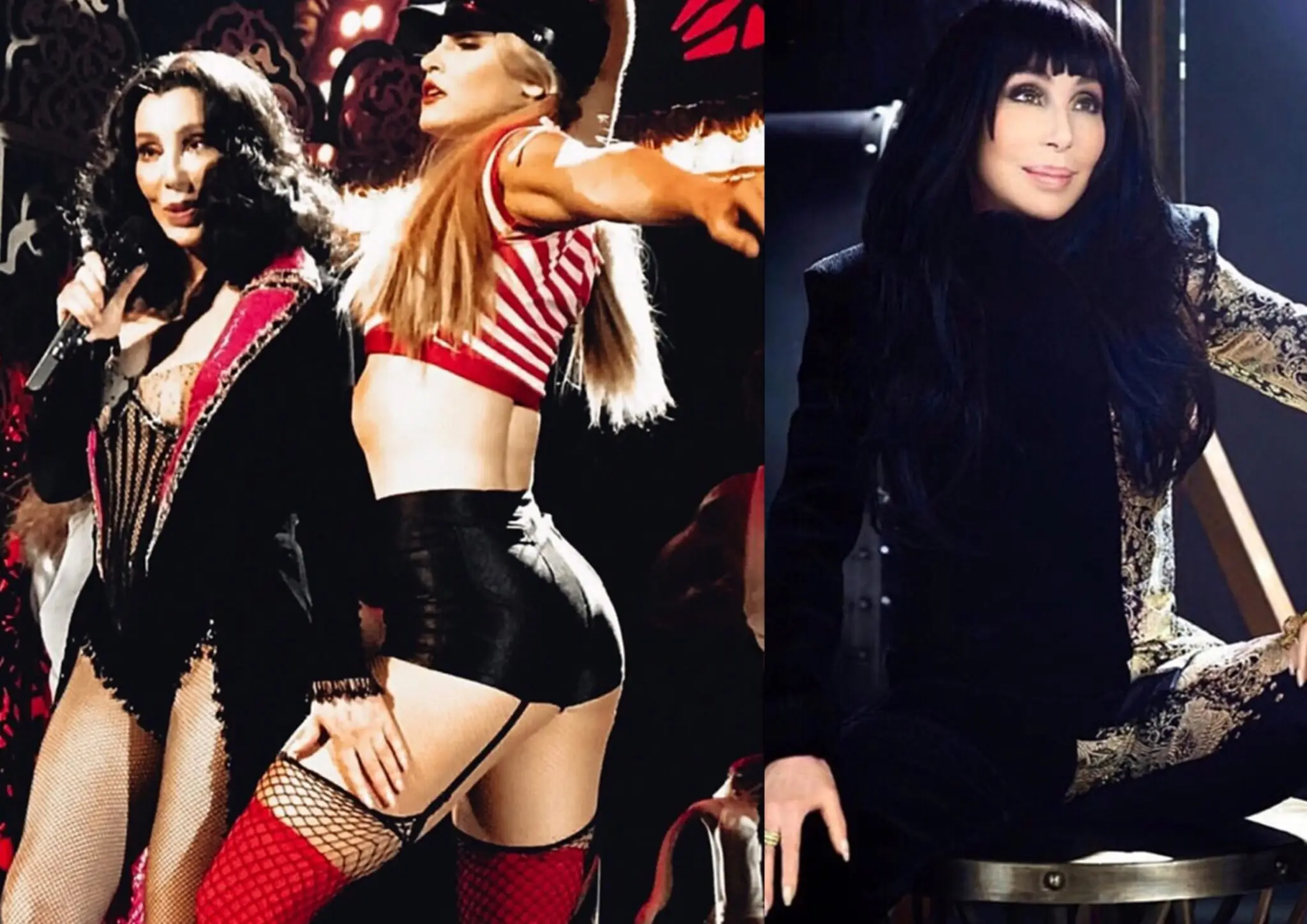 Cher performing on stage in a sparkling outfit and fishnet stockings, accompanied by a dancer in striped top, black shorts, and red fishnet stockings.
